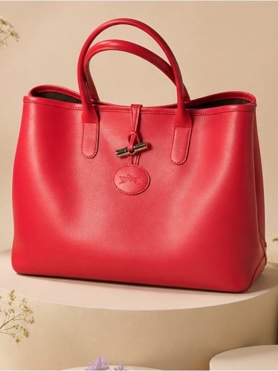 Longchamp Handbags - Longchamp Roseau Coral-Red Leather Tote with Toggle Detail